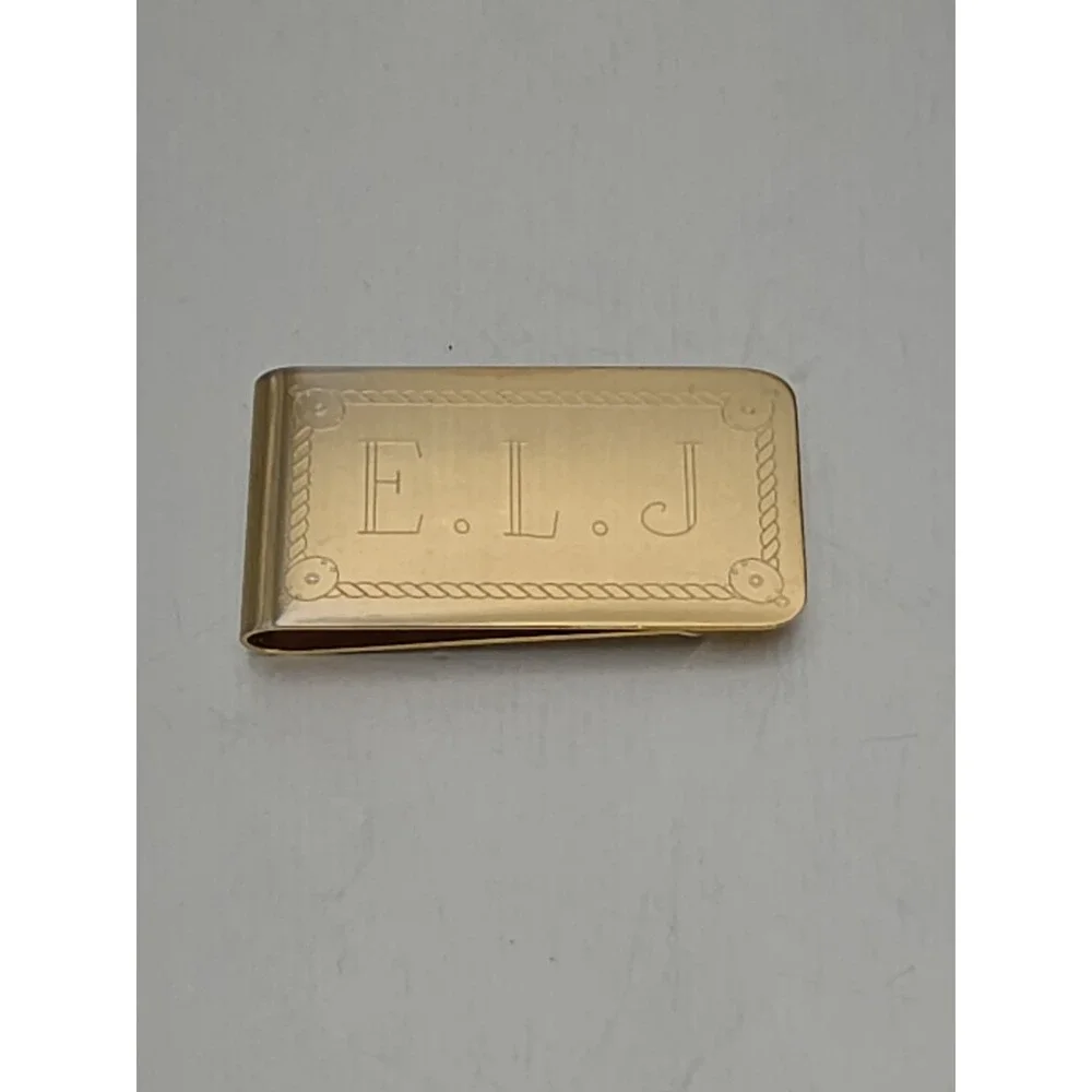 Vtg E.L.J. Monogramed Money Clip Credit Card Holder Gold Plate FREE $HIPPING!!